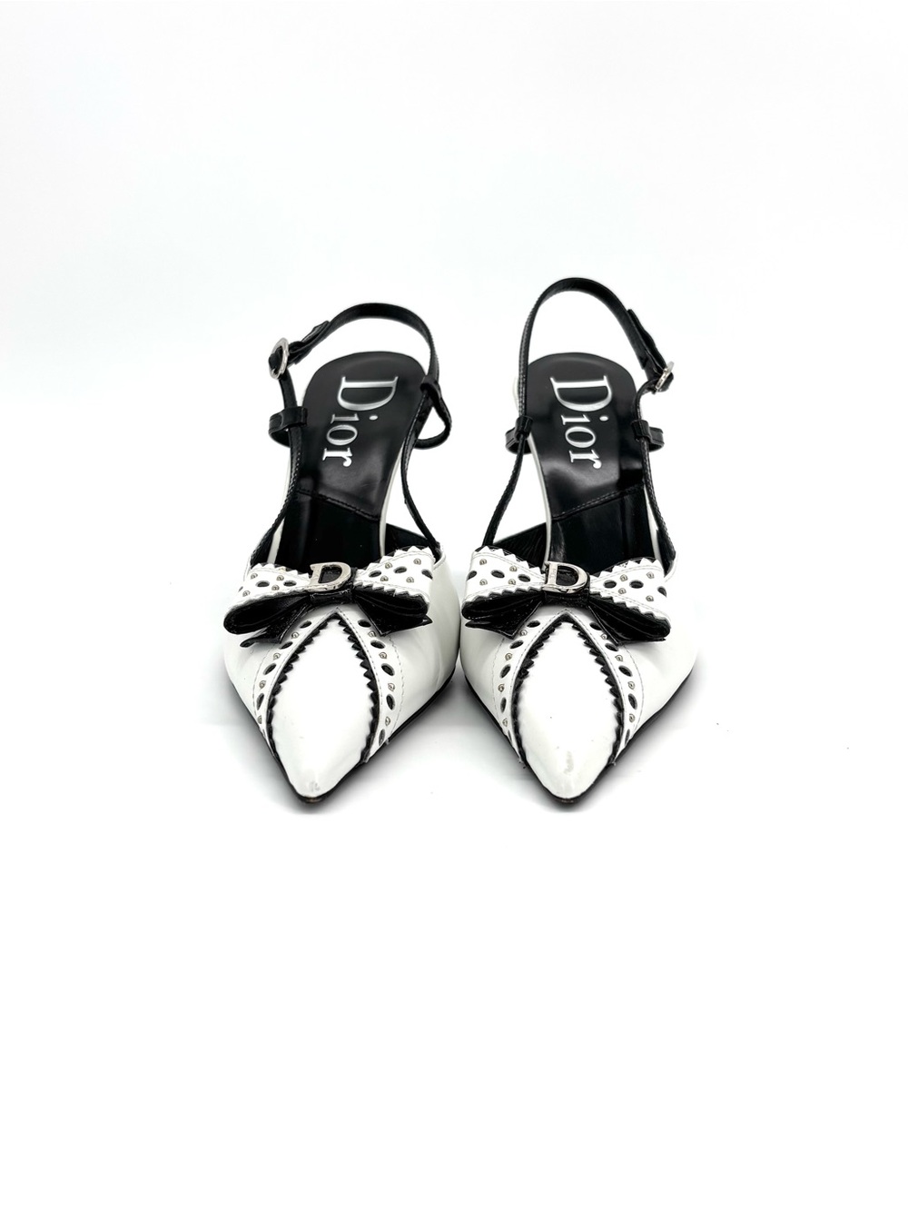 Dior John Galliano Bow Charm Studded White Black Slingback Pumps Shoes 38 - Picture 3 of 12